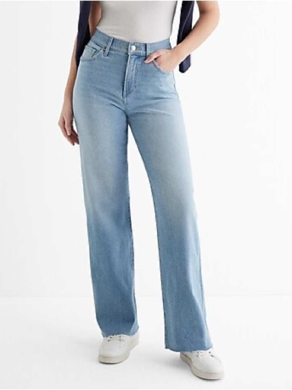 High Waisted Medium Wash Raw Hem Wide Leg Jeans